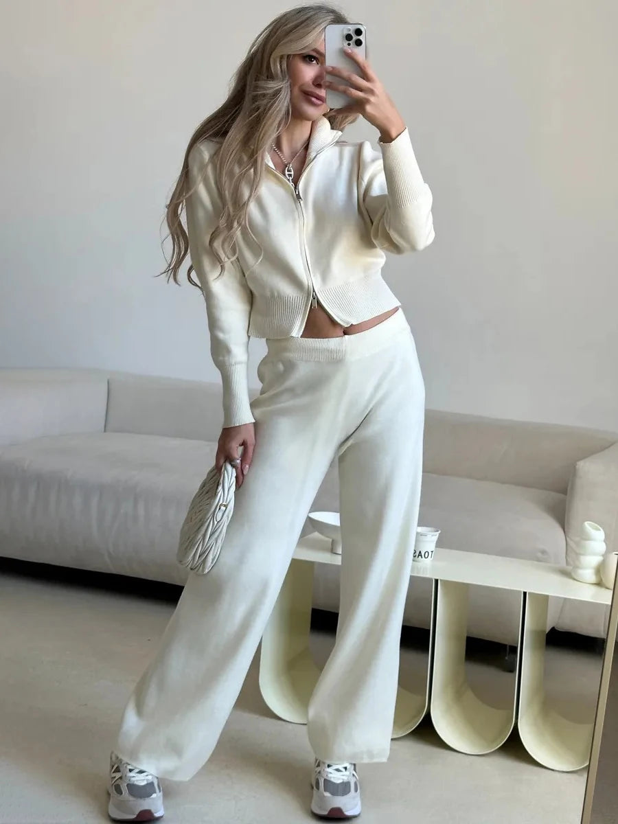 Conjunto de Bornladies para mujer: cárdigan nuevo de punto con cremallera y pantalones de pierna ancha, tejido suave, corte corto y cintura elástica. Jersey de moda para otoño-invierno.