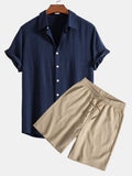 Camisa abotonada de mezcla de lino y rayón y pantalones cortos con cordón y textura arrugada