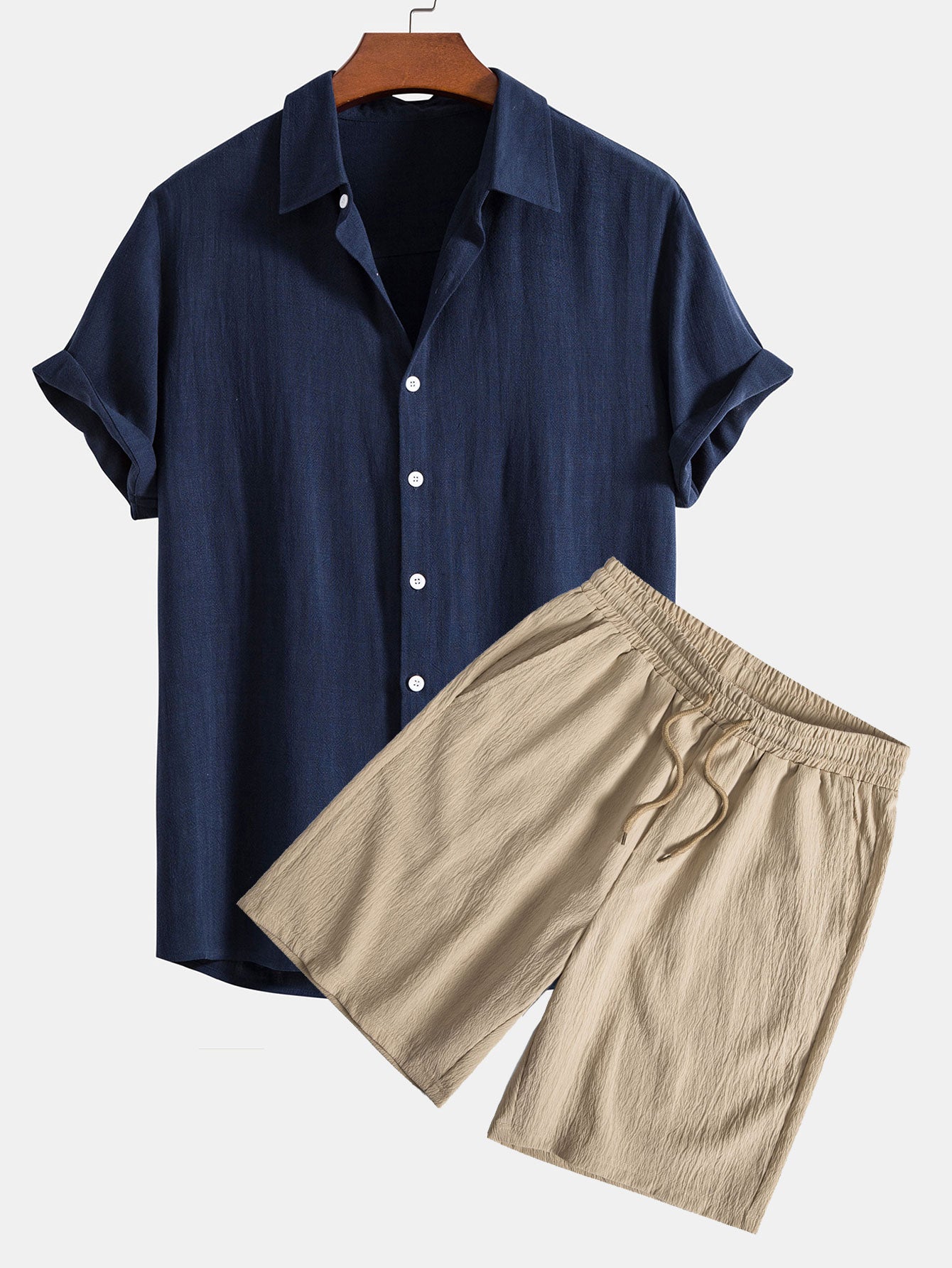 Camisa abotonada de mezcla de lino y rayón y pantalones cortos con cordón y textura arrugada