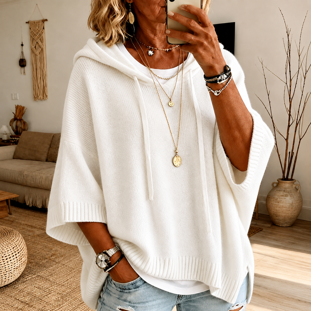 Janice – Jersey Poncho Blanco