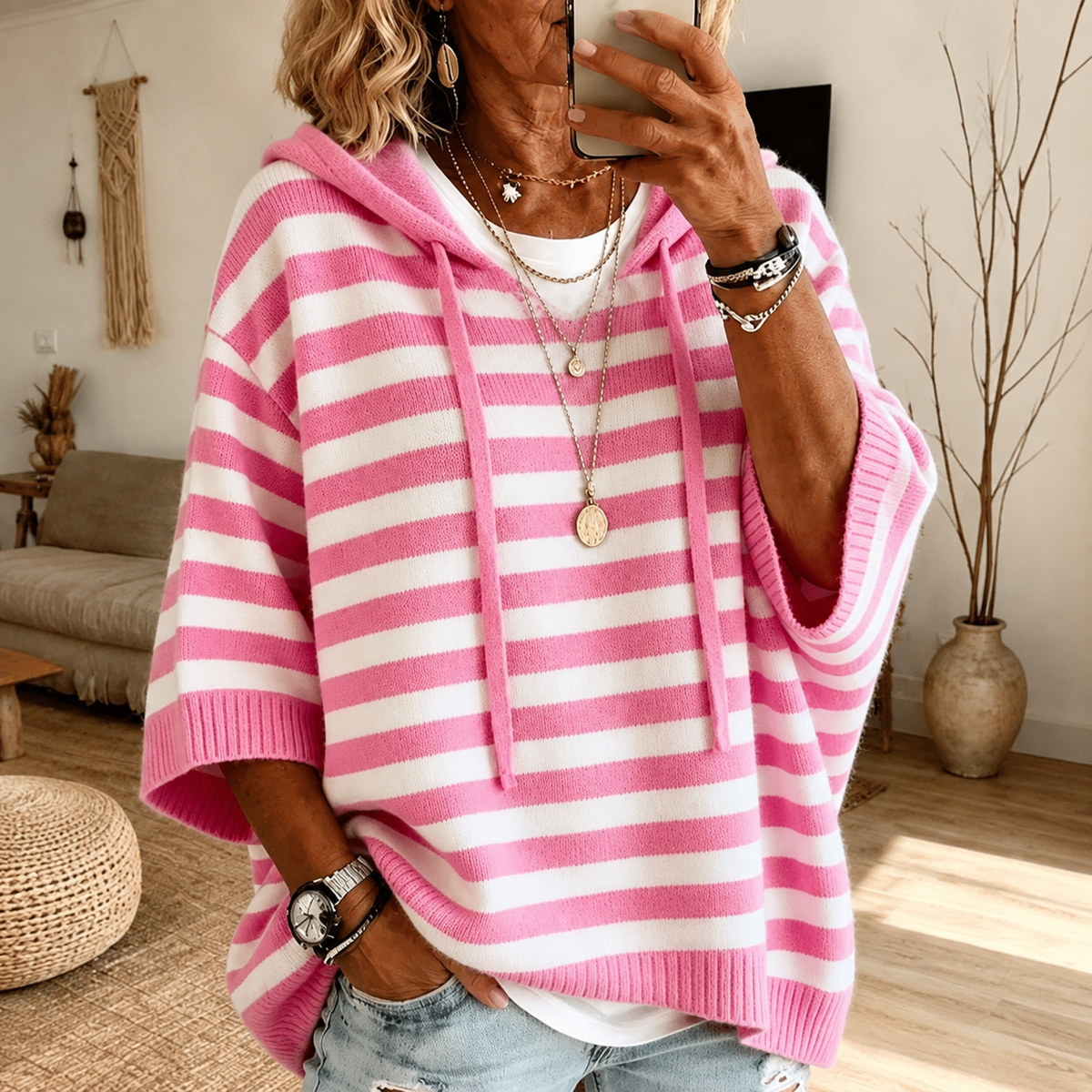 Emilie – Jersey Poncho de Rayas Rosa