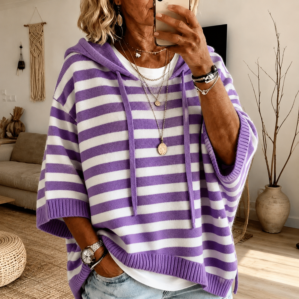Anais – Jersey Poncho de Rayas Morado