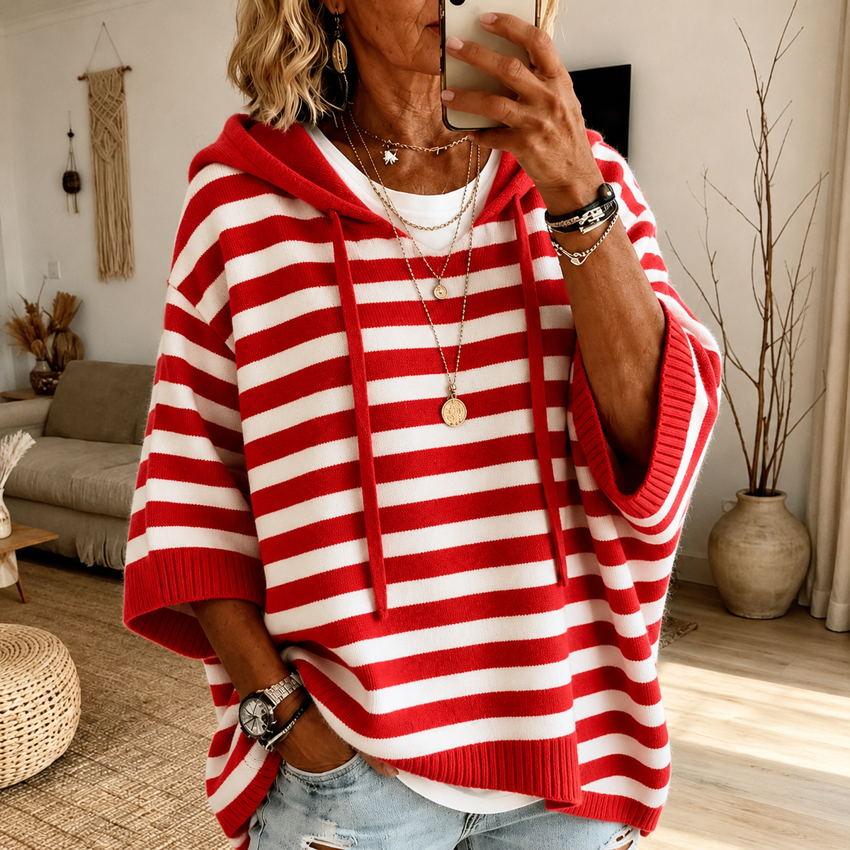 Charlotte – Jersey Poncho de Rayas Rojo