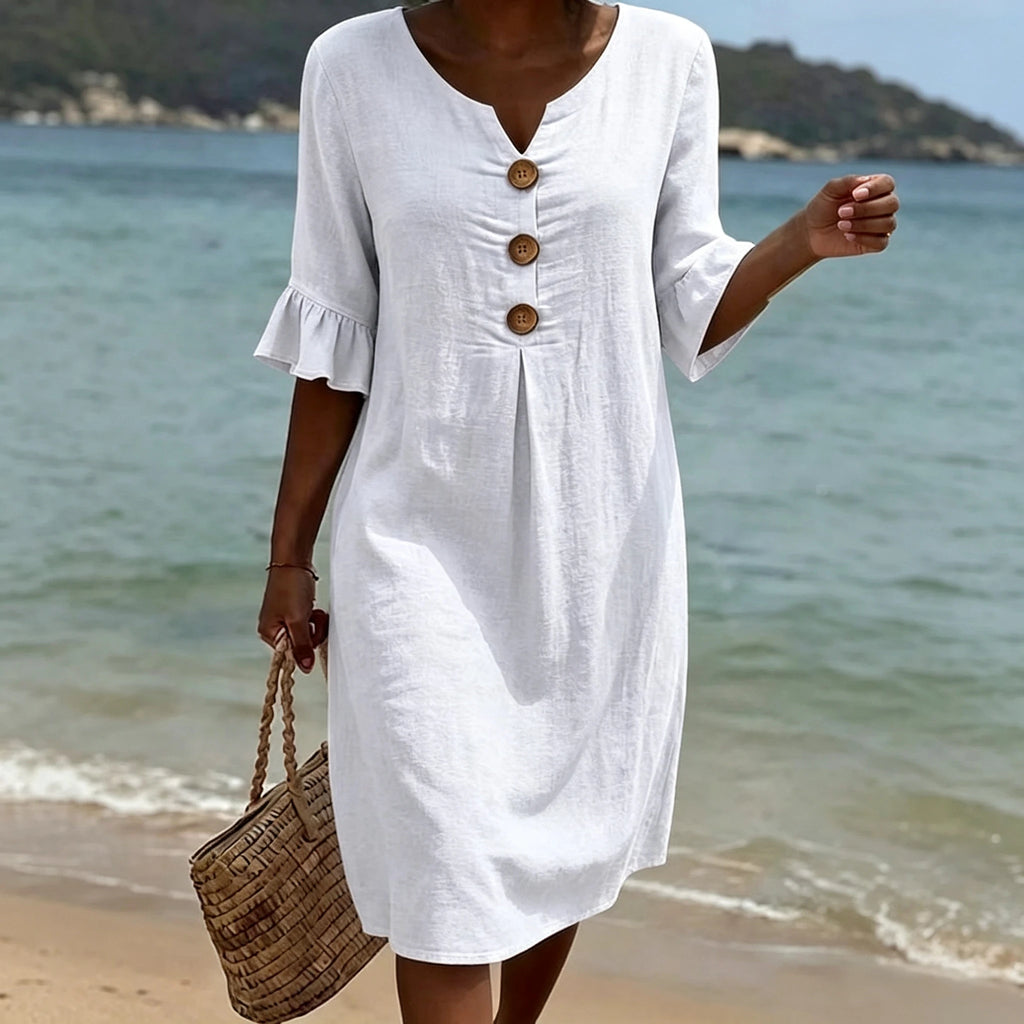 Vestido Boho Cuello V de Lino y Algodón con Botones Grandes – Colección Primavera-Verano 2026