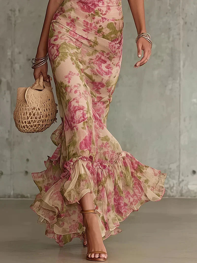 Eugenia Vestido Maxi Vintage Estampado Floral en Rosa con Mangas Abullonadas (Accesorios no incluidos)