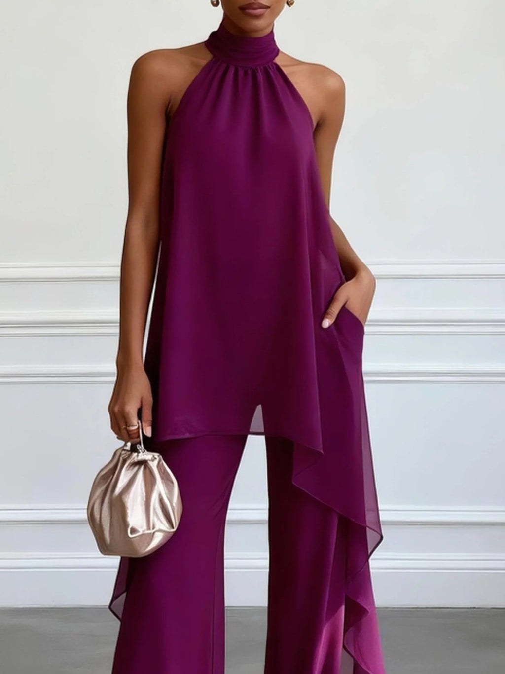 Conjunto de Dos Piezas Morado con Top Halter sin Mangas Elegante y Pantalón