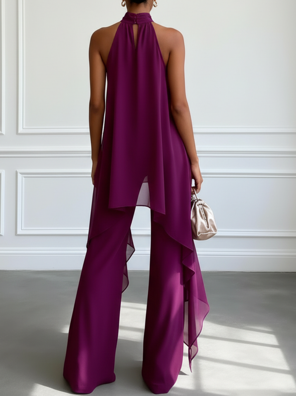 Conjunto de Dos Piezas Morado con Top Halter sin Mangas Elegante y Pantalón