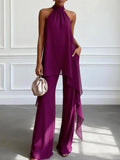 Conjunto de Dos Piezas Morado con Top Halter sin Mangas Elegante y Pantalón