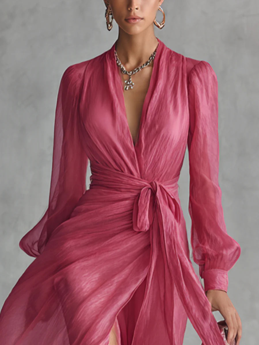 Beatrice | Vestido Largo de Gasa con Cuello en V y Cintura Anudada