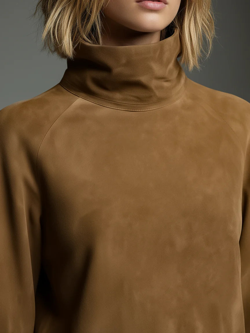 Vestido Mini Holgado de Ante con Cuello Alto