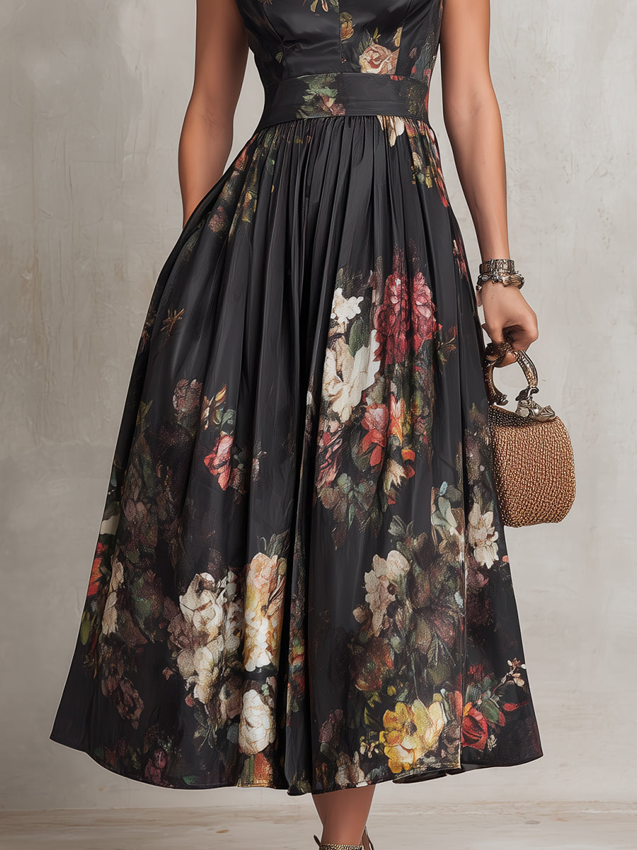 Vestido Midi de Satén Negro con Cuello de Ojo de Cerradura, Floral y Plisado