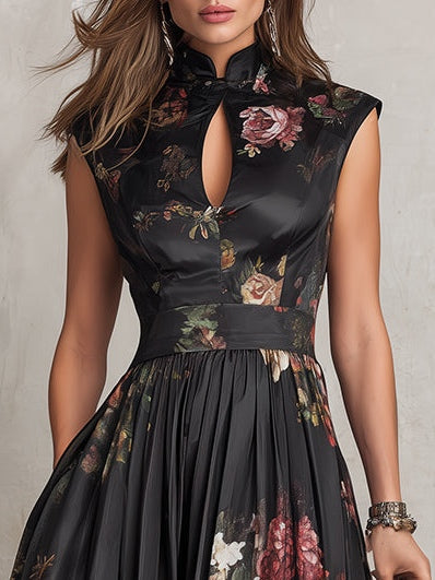 Vestido Midi de Satén Negro con Cuello de Ojo de Cerradura, Floral y Plisado