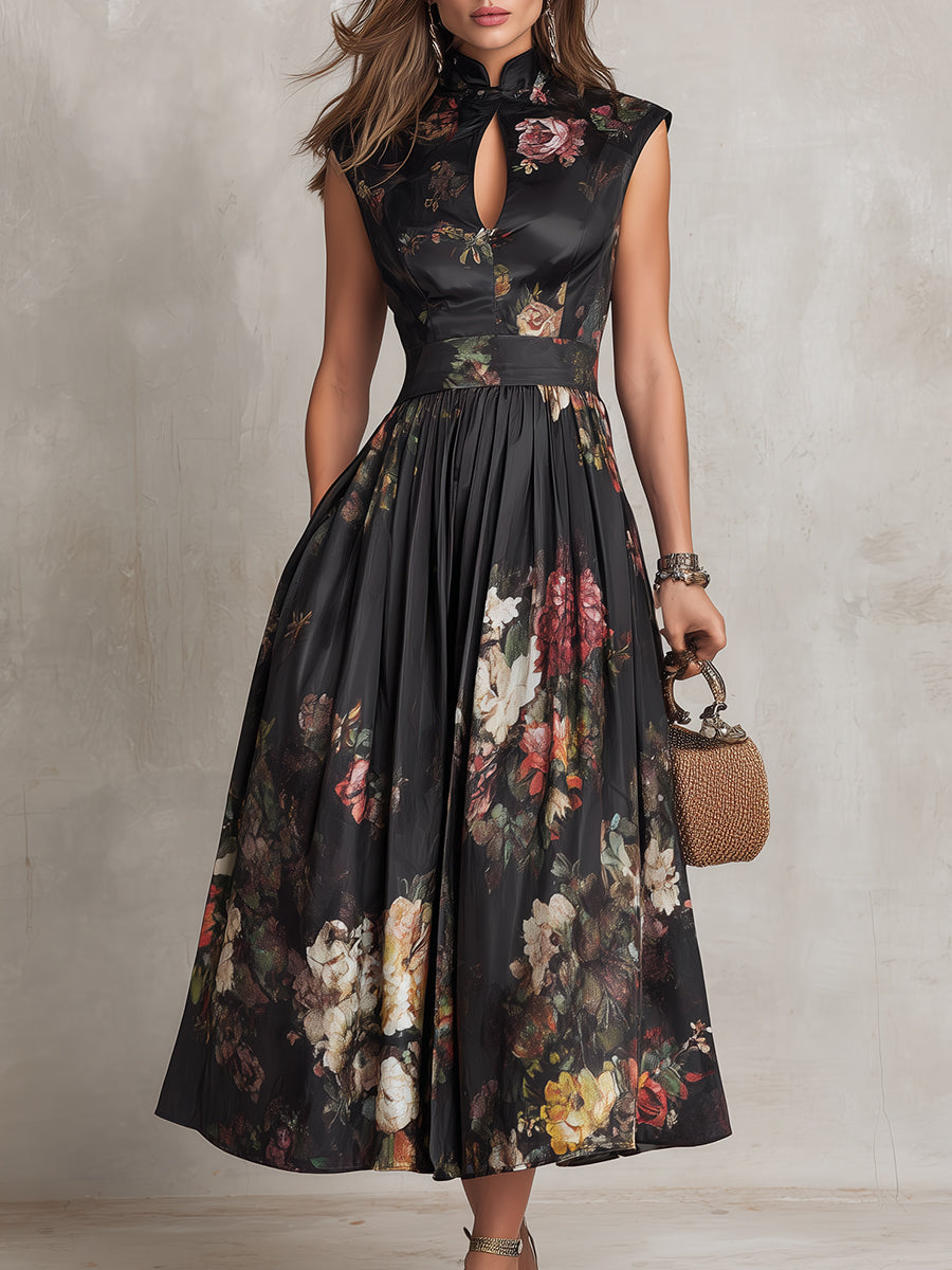 Vestido Midi de Satén Negro con Cuello de Ojo de Cerradura, Floral y Plisado