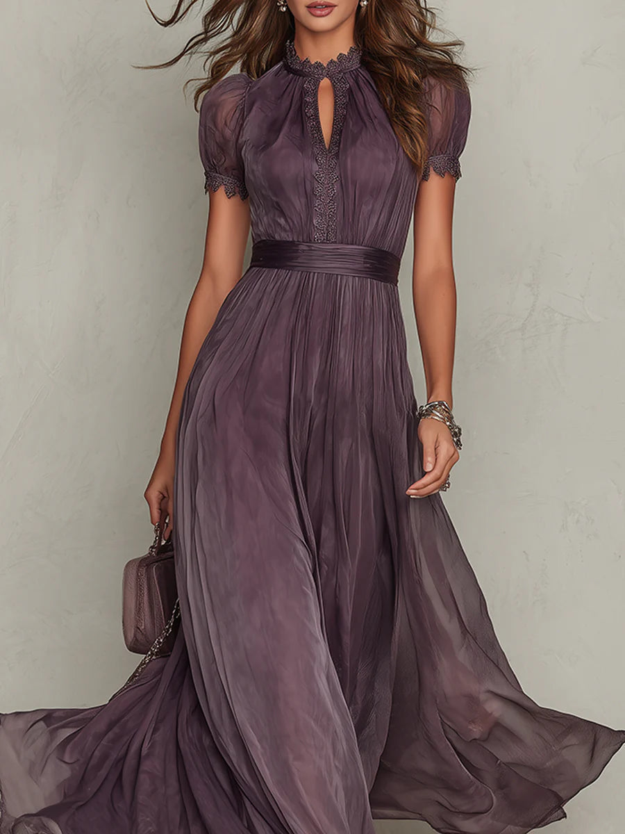 Vestido Maxi de Gasa Morado con Escote de Ojo de Cerradura y Ribete de Encaje