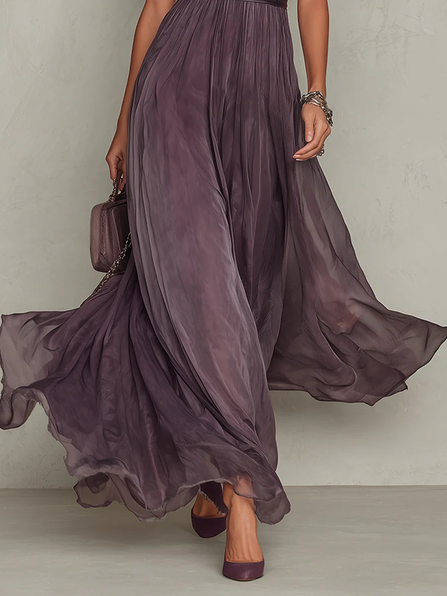 Vestido Maxi de Gasa Morado con Escote de Ojo de Cerradura y Ribete de Encaje