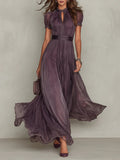 Vestido Maxi de Gasa Morado con Escote de Ojo de Cerradura y Ribete de Encaje