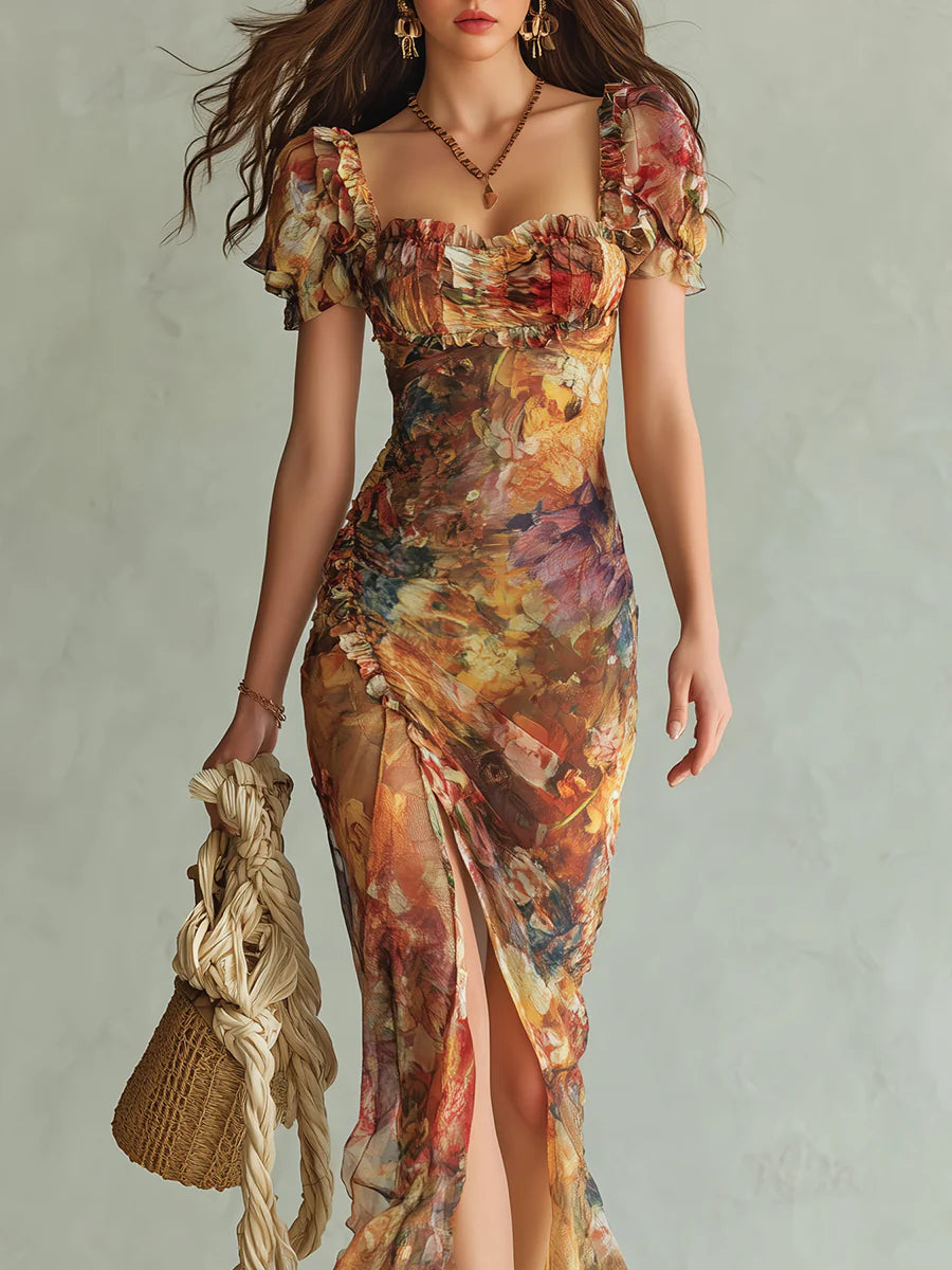 Vestido Maxi de Gasa Naranja Bohemio con Estampado de Pintura al Óleo
