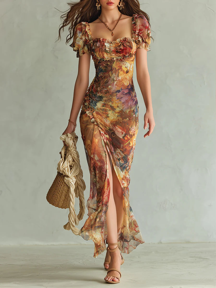 Vestido Maxi de Gasa Naranja Bohemio con Estampado de Pintura al Óleo