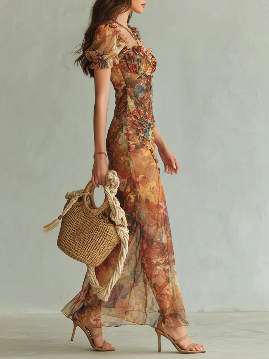 Vestido Maxi de Gasa Naranja Bohemio con Estampado de Pintura al Óleo