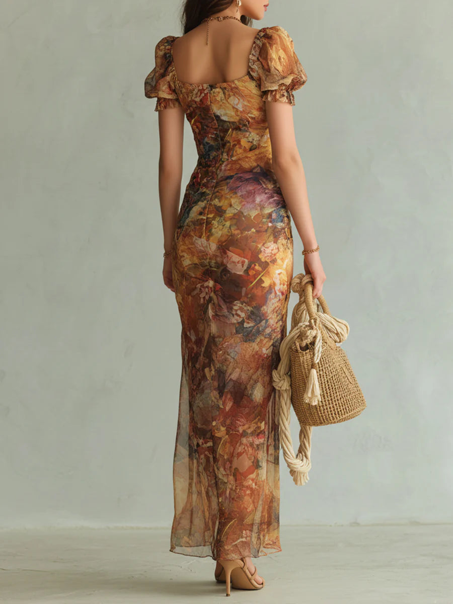Vestido Maxi de Gasa Naranja Bohemio con Estampado de Pintura al Óleo