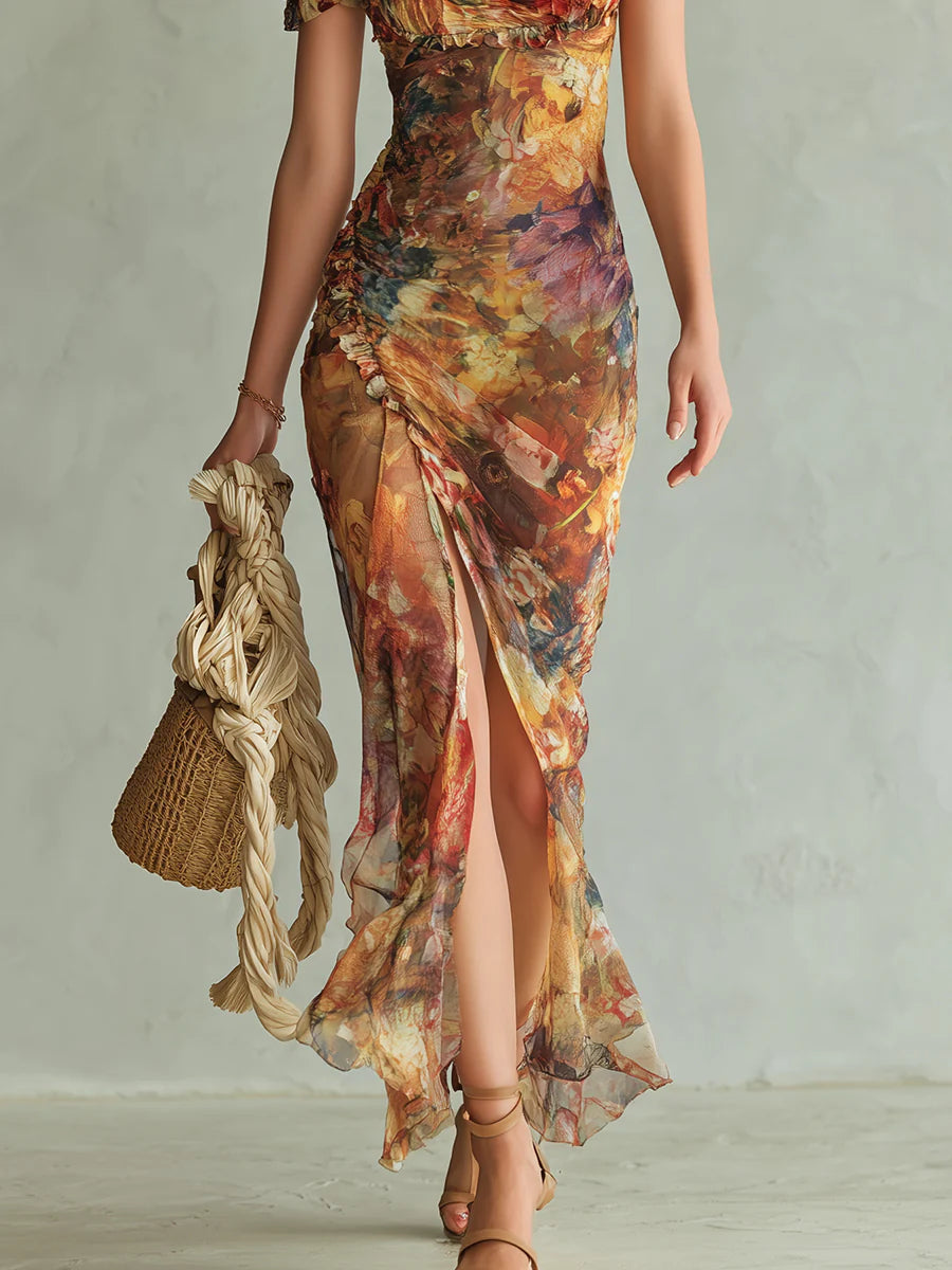 Vestido Maxi de Gasa Naranja Bohemio con Estampado de Pintura al Óleo