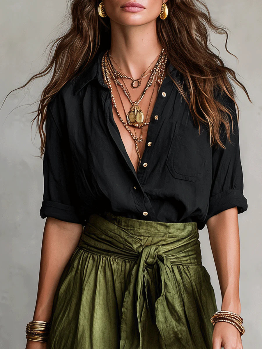 RIVER | Conjunto de Dos Piezas: Top Negro y Falda Midi Verde Oliva
