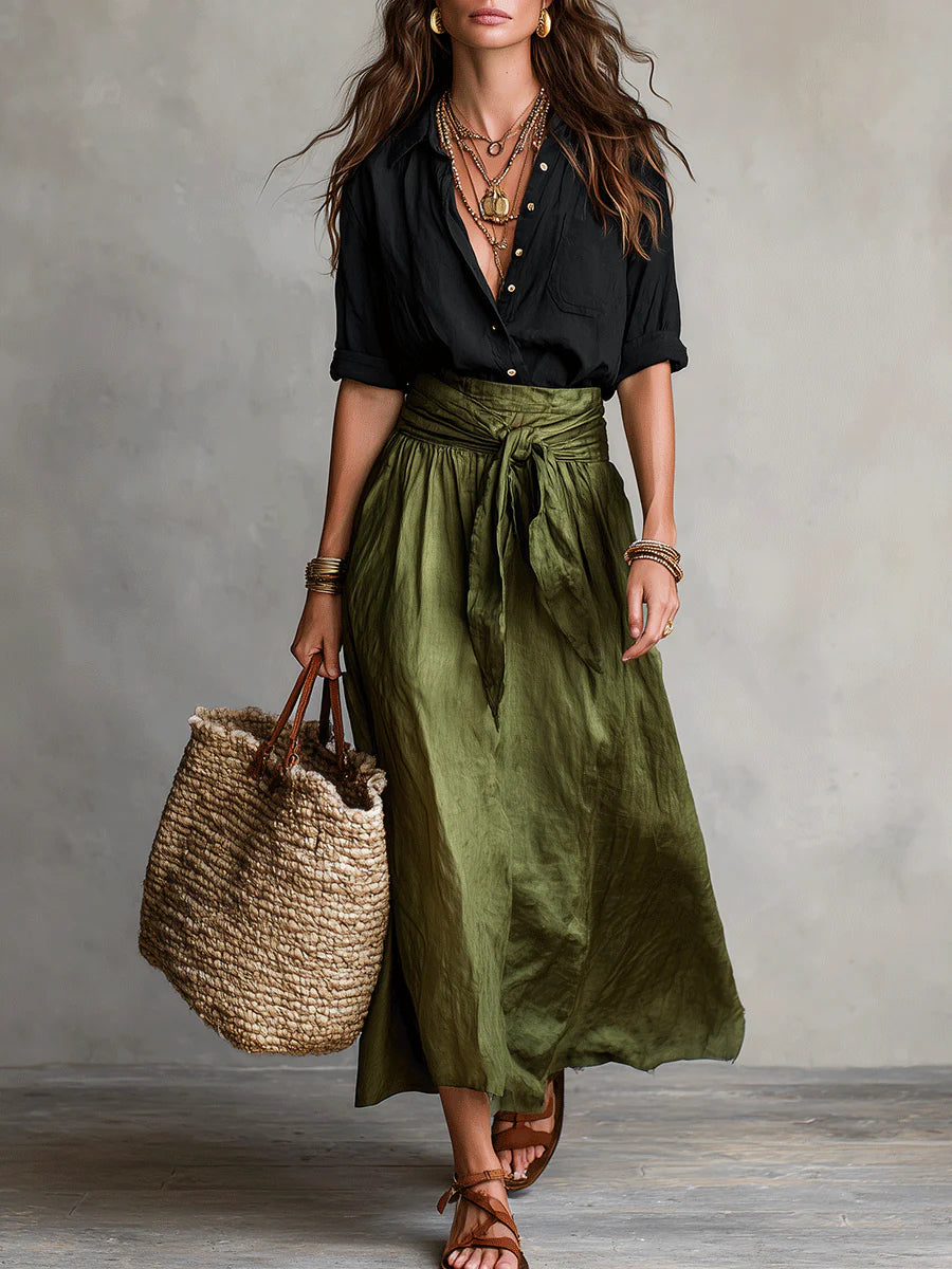 RIVER | Conjunto de Dos Piezas: Top Negro y Falda Midi Verde Oliva