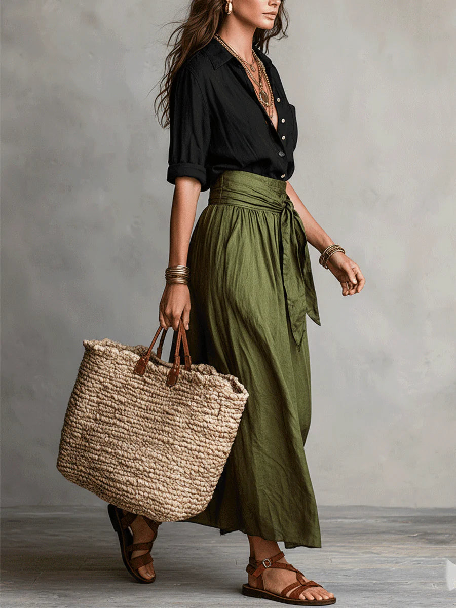 RIVER | Conjunto de Dos Piezas: Top Negro y Falda Midi Verde Oliva