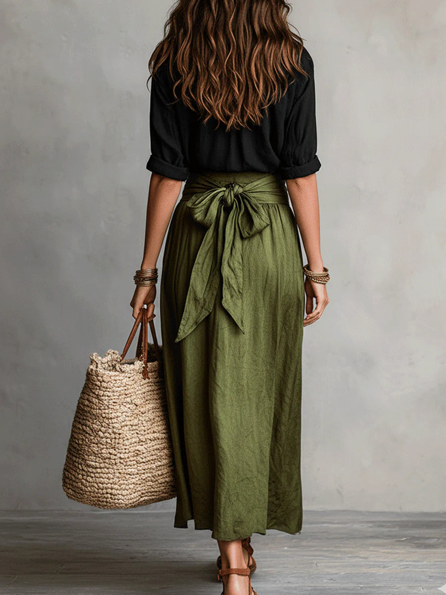 RIVER | Conjunto de Dos Piezas: Top Negro y Falda Midi Verde Oliva