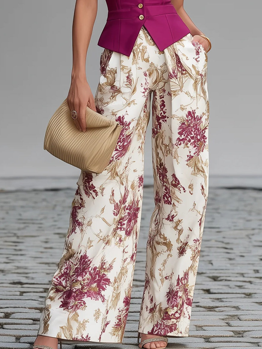Conjunto Rosa Empolvado de Chaleco sin Mangas y Pantalón Ancho con Estampado Floral