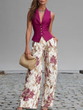 Conjunto Rosa Empolvado de Chaleco sin Mangas y Pantalón Ancho con Estampado Floral