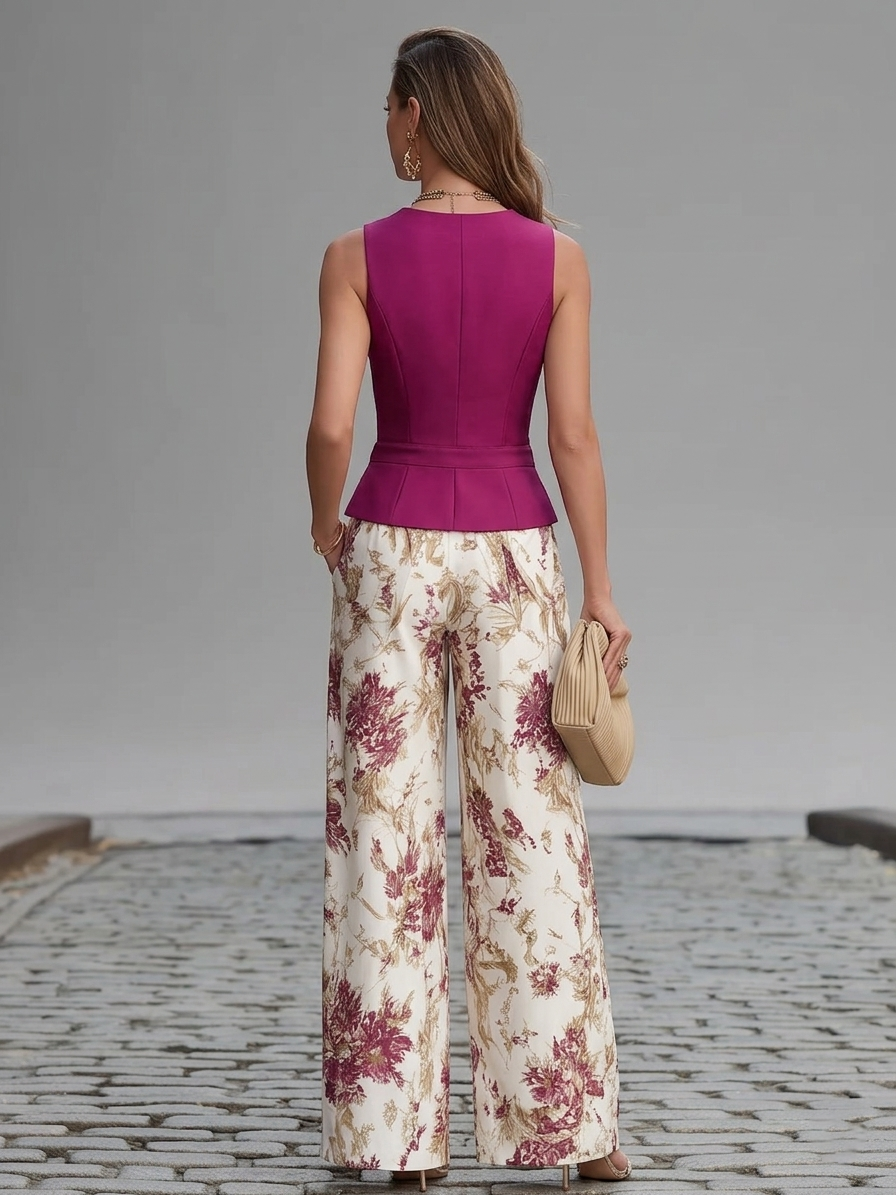 Conjunto Rosa Empolvado de Chaleco sin Mangas y Pantalón Ancho con Estampado Floral