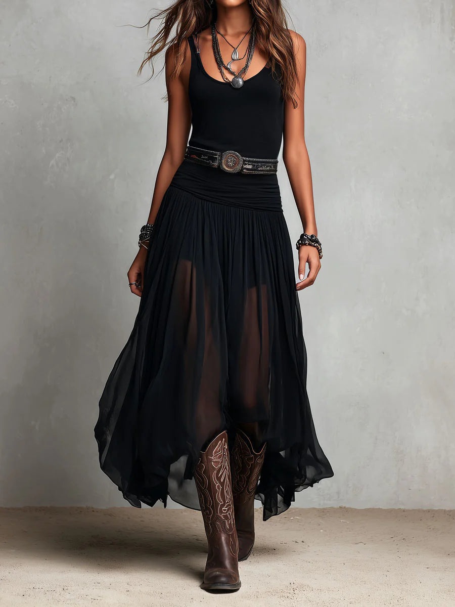 Vestido Maxi Negro con Top de Tirantes sin Mangas y Falda de Tul (con cinturón)