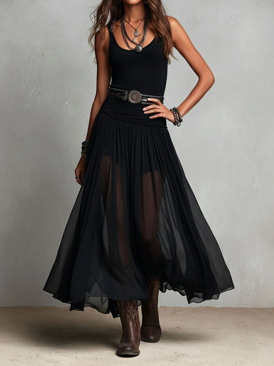 Vestido Maxi Negro con Top de Tirantes sin Mangas y Falda de Tul (con cinturón)