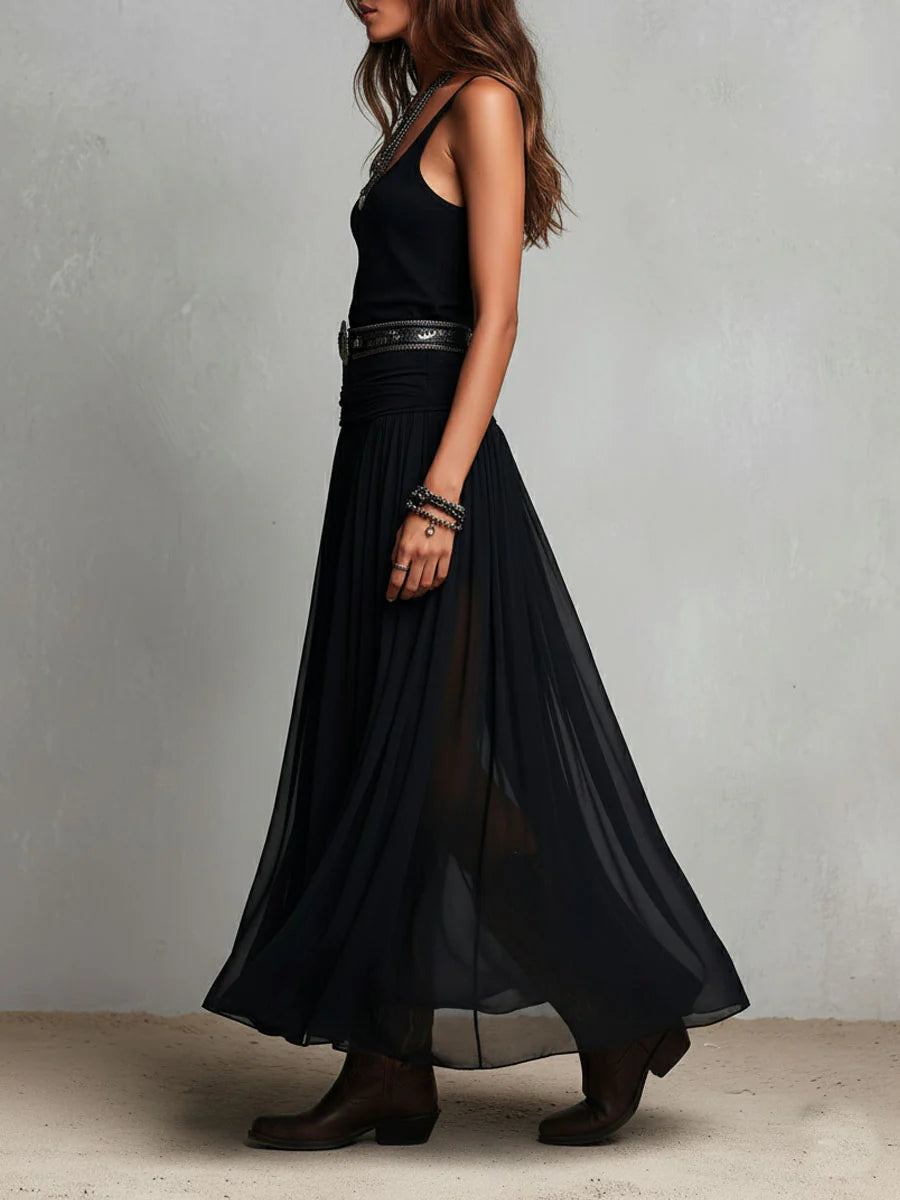 Vestido Maxi Negro con Top de Tirantes sin Mangas y Falda de Tul (con cinturón)