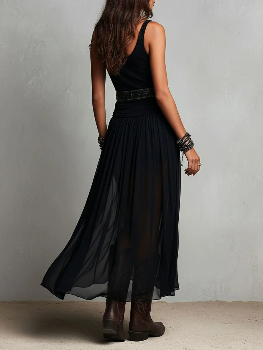 Vestido Maxi Negro con Top de Tirantes sin Mangas y Falda de Tul (con cinturón)