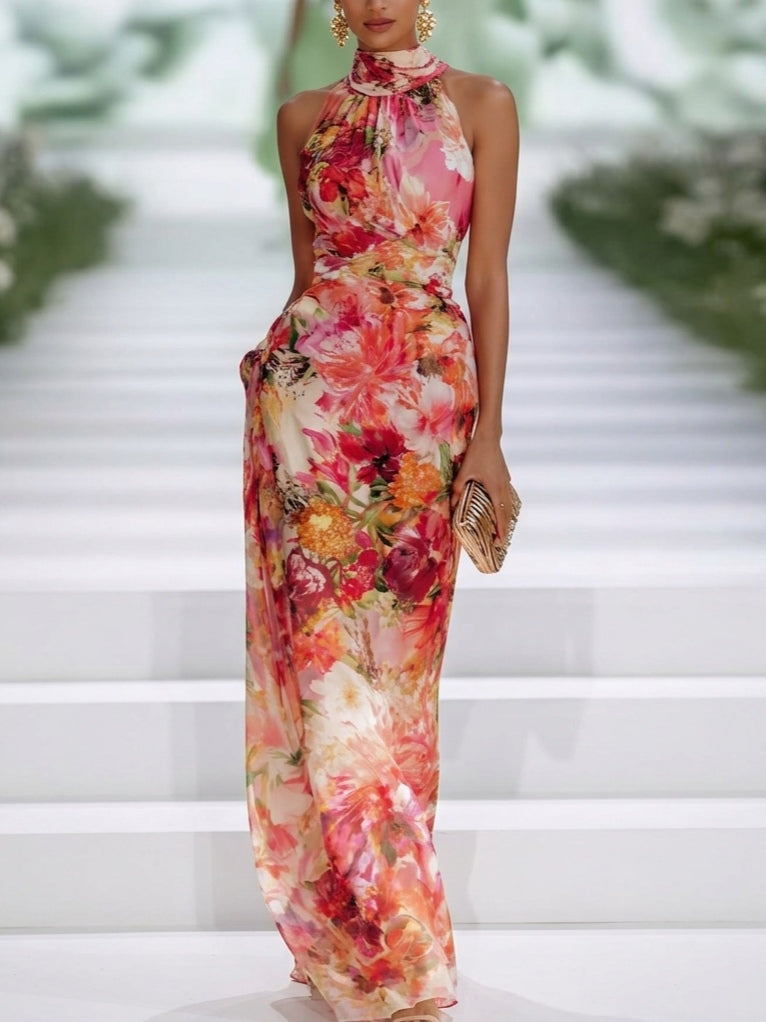 Vestido Maxi de Gasa Rojo Floral con Cuello Halter sin Mangas