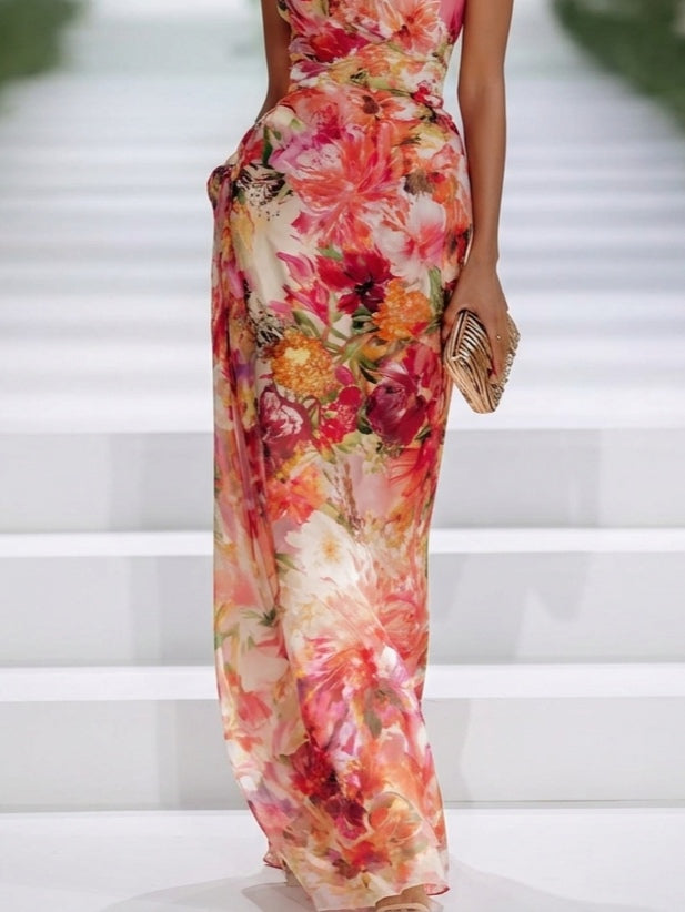 Vestido Maxi de Gasa Rojo Floral con Cuello Halter sin Mangas