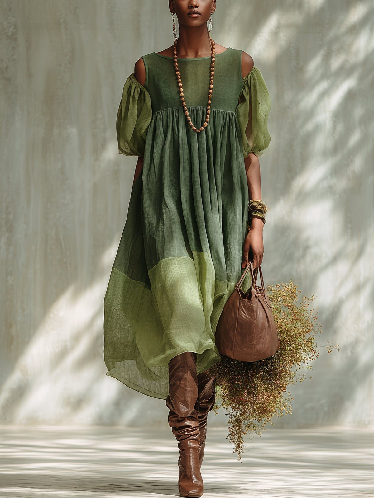 Vestido Midi de Gasa Verde con Hombros Descubiertos y Manga Corta