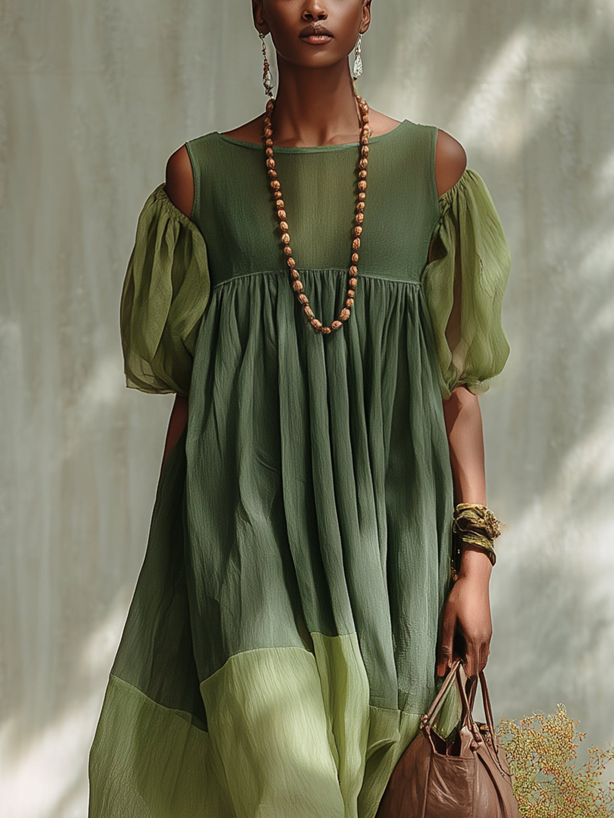 Vestido Midi de Gasa Verde con Hombros Descubiertos y Manga Corta