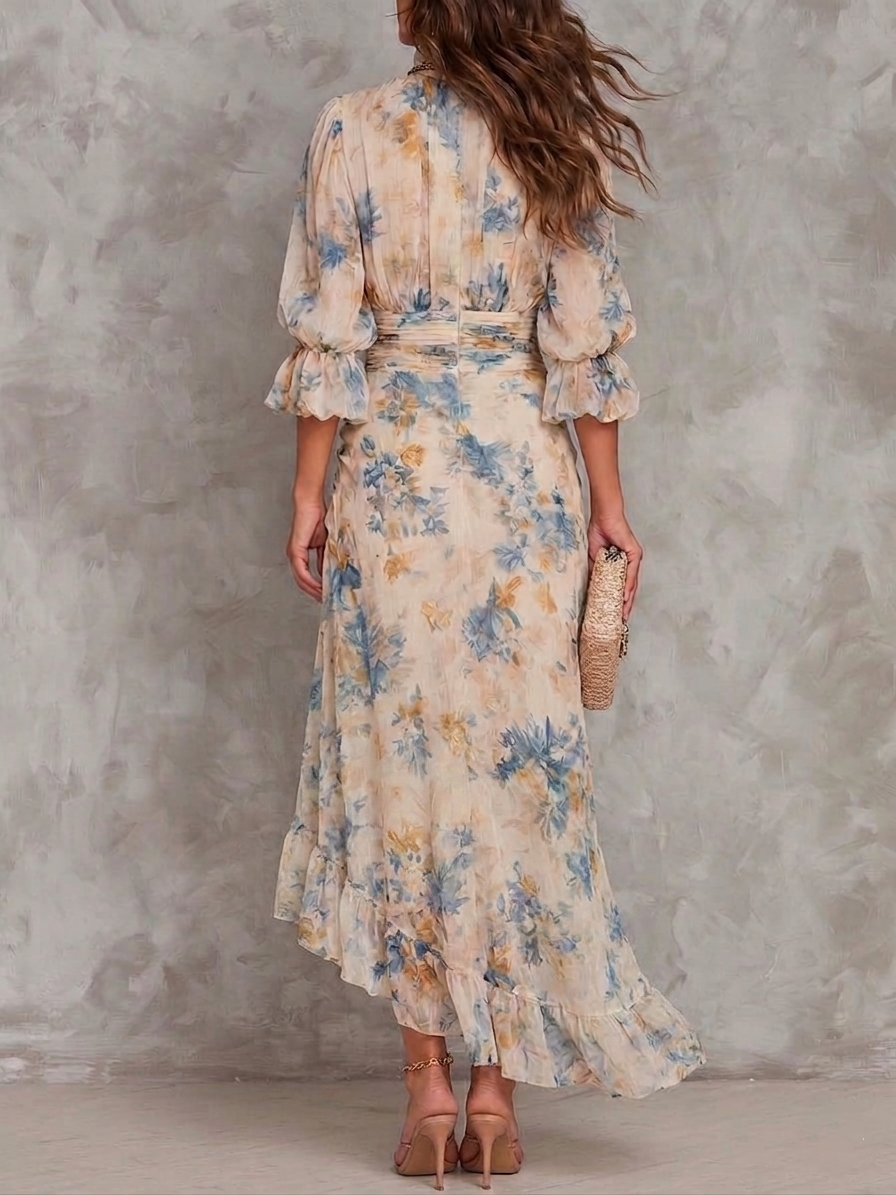 Vestido Maxi de Gasa Beige de Cuello Alto con Estampado Floral de Pintura al Óleo