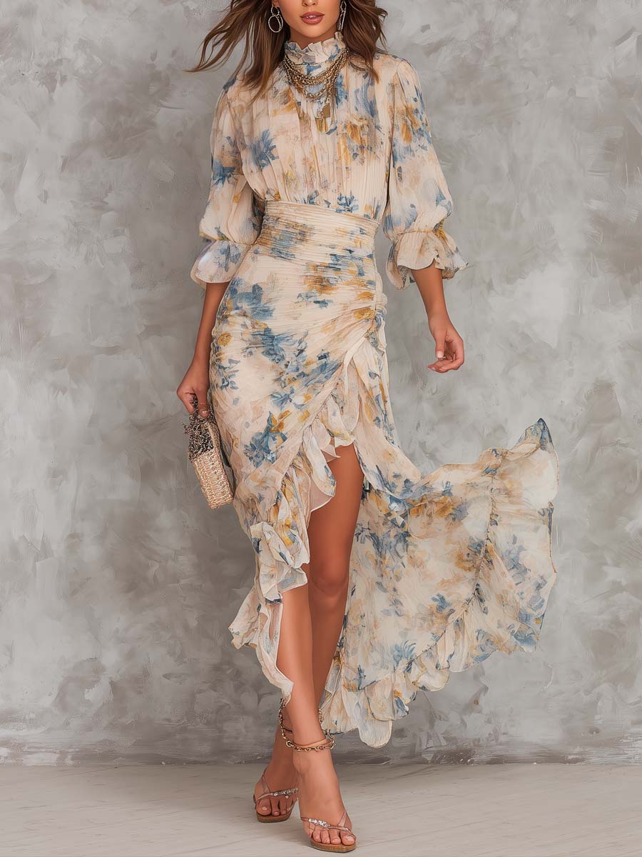 Vestido Maxi de Gasa Beige de Cuello Alto con Estampado Floral de Pintura al Óleo