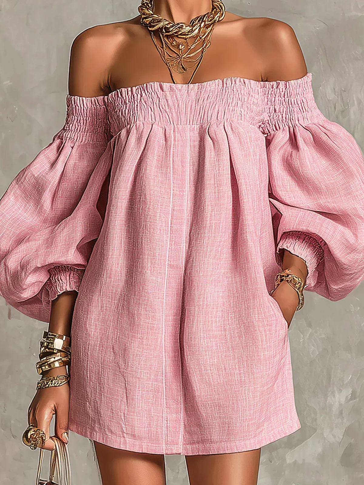 Gisela Vestido Mini Rosa Línea A con Mangas Abullonadas y Diseño Off-Shoulder