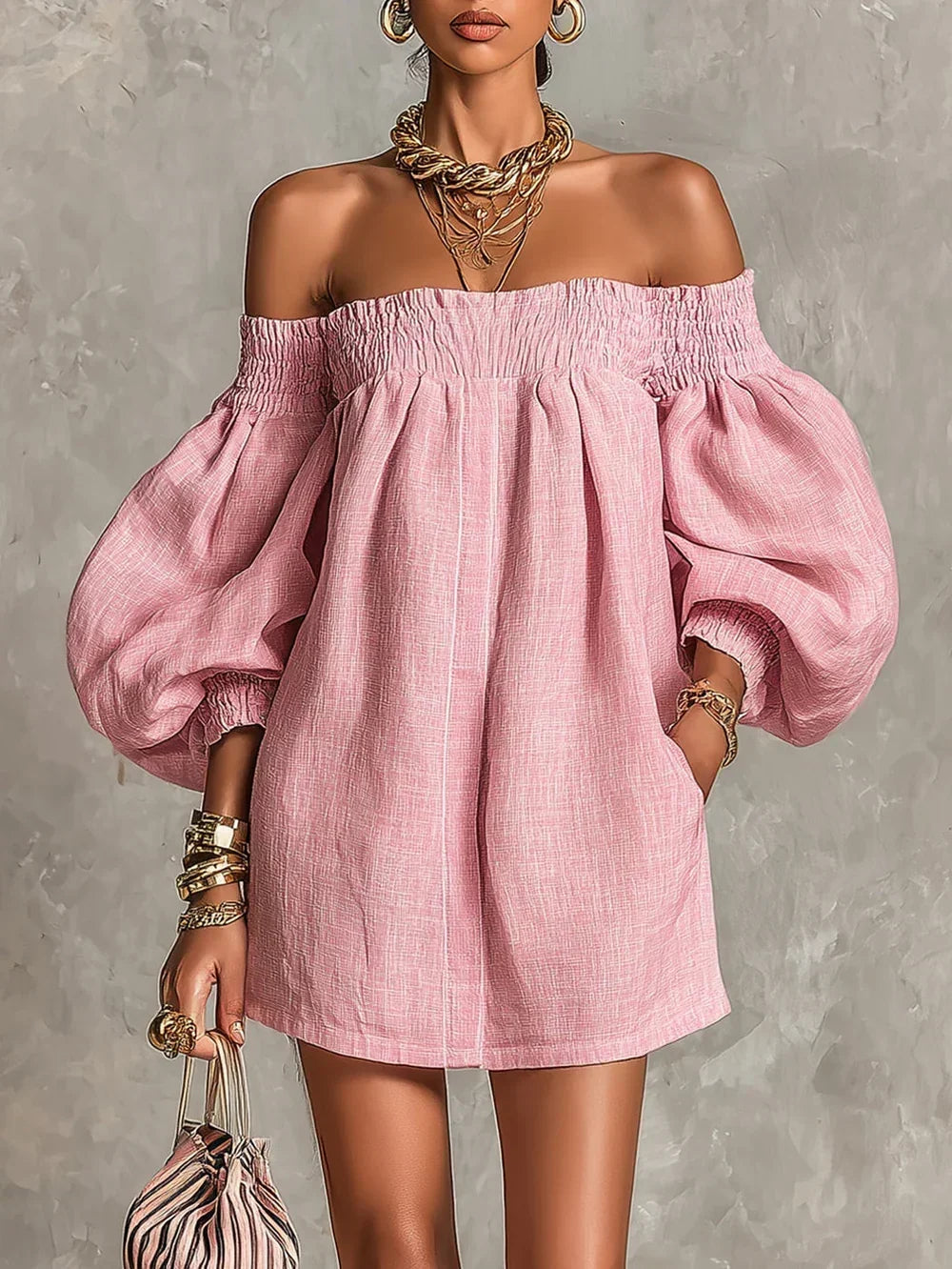Gisela Vestido Mini Rosa Línea A con Mangas Abullonadas y Diseño Off-Shoulder