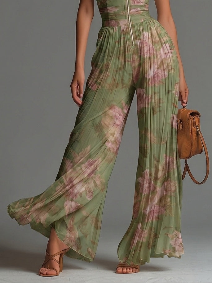 Mono de Gasa Verde Floral con Cuello en V, sin Mangas y Pantalón Ancho Plisado