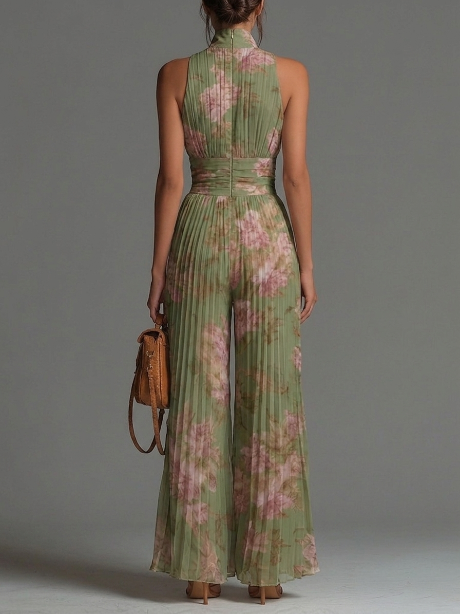Mono de Gasa Verde Floral con Cuello en V, sin Mangas y Pantalón Ancho Plisado