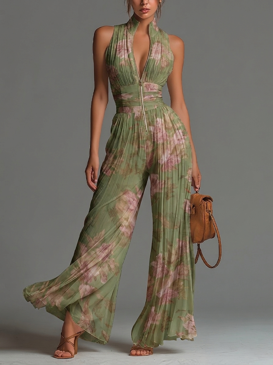 Mono de Gasa Verde Floral con Cuello en V, sin Mangas y Pantalón Ancho Plisado