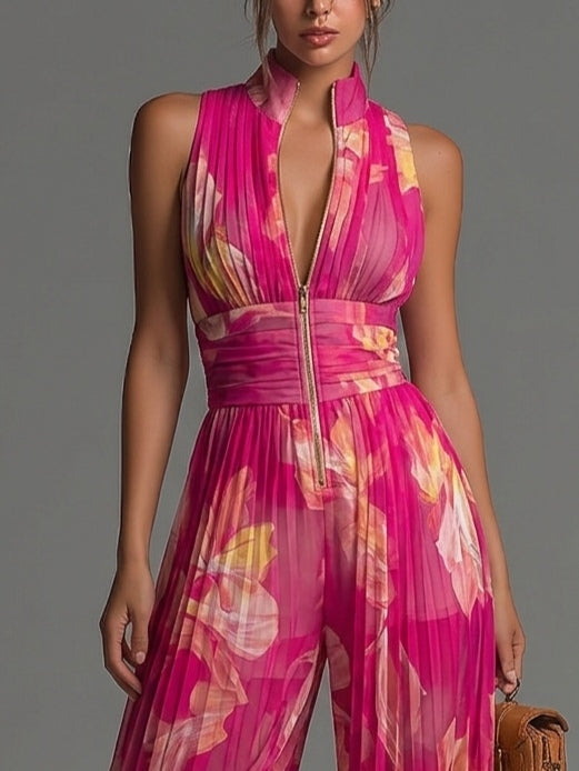 Mono de Gasa Fucsia con Estampado Floral, sin Mangas y Pantalón Ancho Plisado