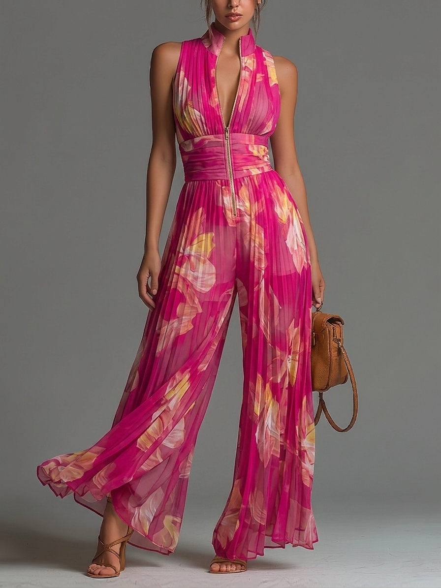 Mono de Gasa Fucsia con Estampado Floral, sin Mangas y Pantalón Ancho Plisado
