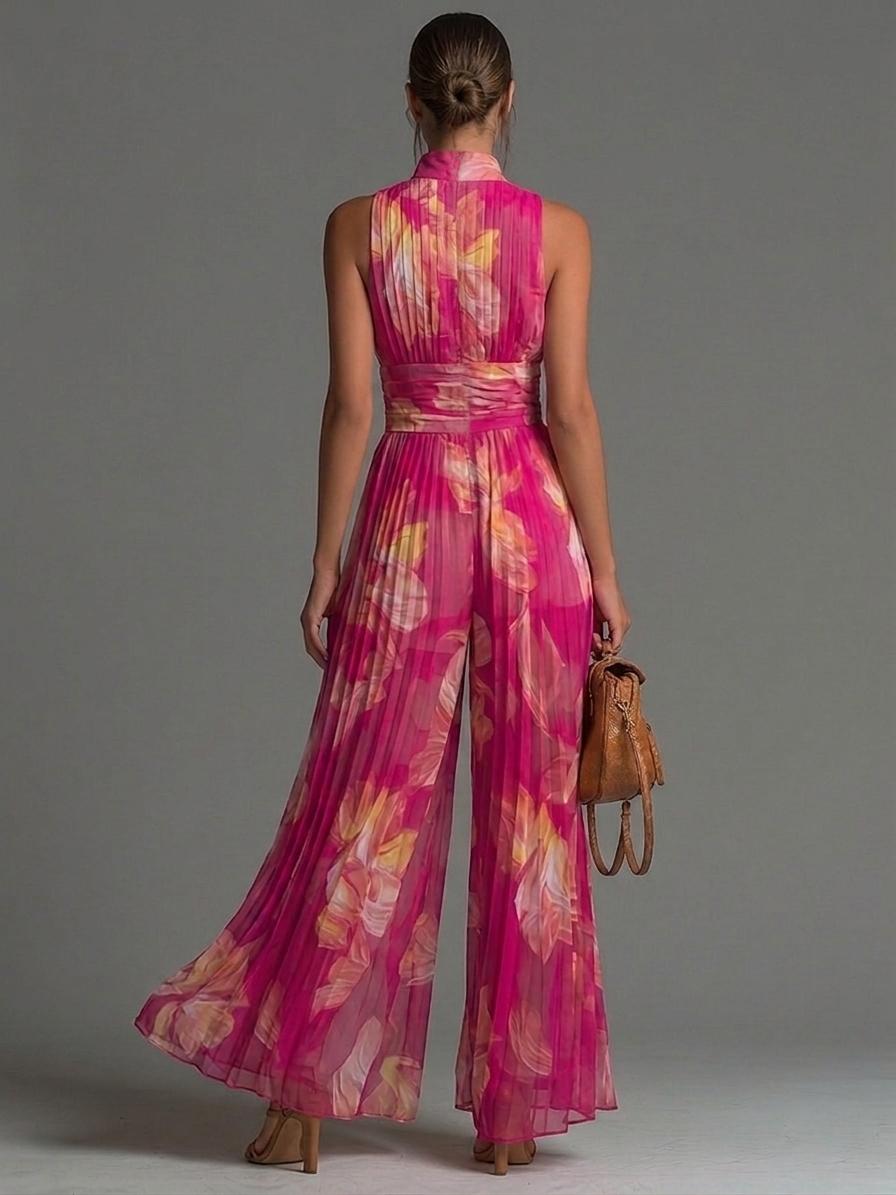 Mono de Gasa Fucsia con Estampado Floral, sin Mangas y Pantalón Ancho Plisado